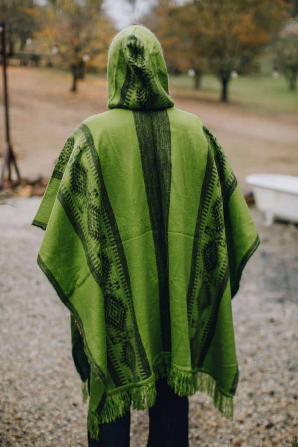 Back view of model wearing hooded green poncho with South American pattern, like Bruno's poncho