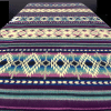 Southwestern pattern blanket in purple, turquoise and cream on a bed with black background